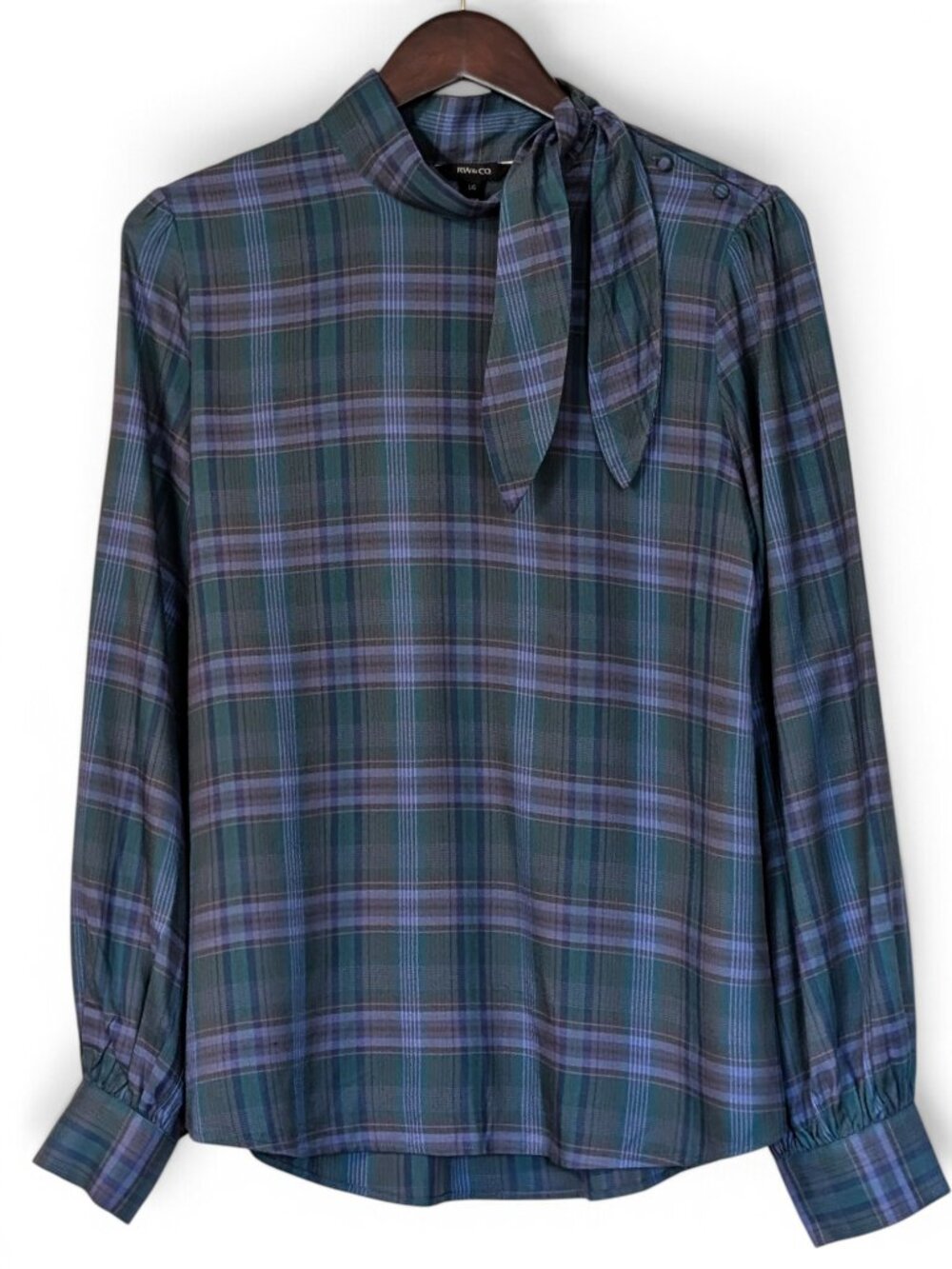 RW&CO Black Watch Plaid Side Tie Neck Top Blouse L NWT